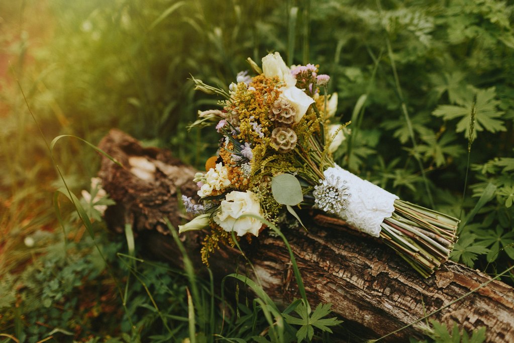 wildflower bouquet with vintage brooch
